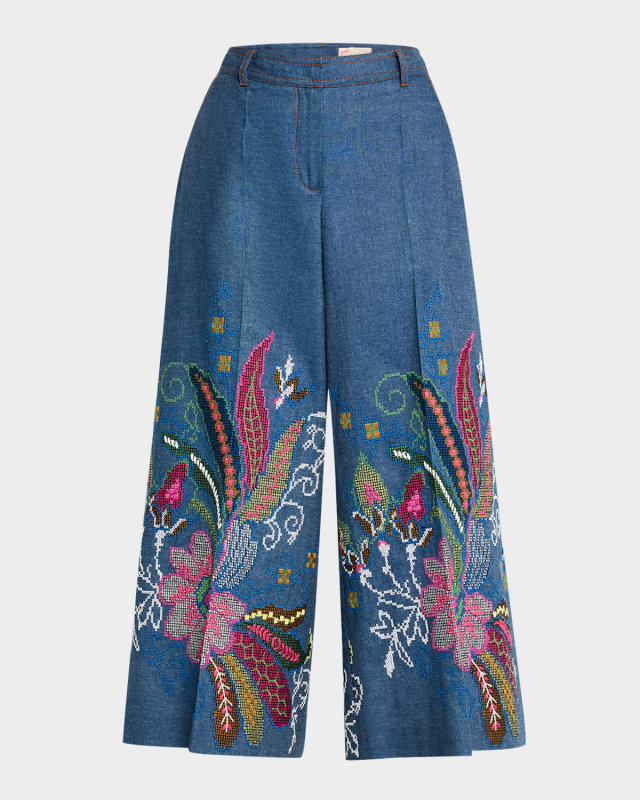 Floral Emboridered Chambray Wide-Leg Cropped Pants